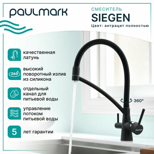 Смеситель для кухни с гибким изливом Paulmark SIEGEN, подключение к фильтру питьевой воды, двурычажный, поворотный, латунь / силикон, на мойку / столешницу, антрацит полностью, Si213111-401TB фото