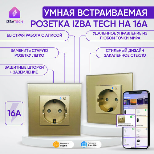 Умная розетка для Алисы с WiFi встраиваемая на 16А в стеклянной золотой раме фото