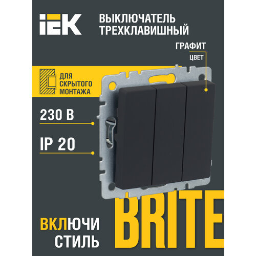 BRITE Выключатель 3-клавишный 10А ВС10-3-0-БрГ графит IEK фото