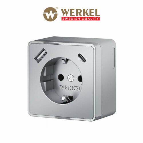 Розетка с заземлением, шторками и USB тип A+C Werkel Gallant W5071706 серебряный, с функцией быстрой зарядки IP20 фото