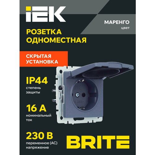 BRITE Розетка одноместная с заземлением с защитными шторками и крышкой 16А IP44 РСбш10-3-44-БрМ маренго IEK фото