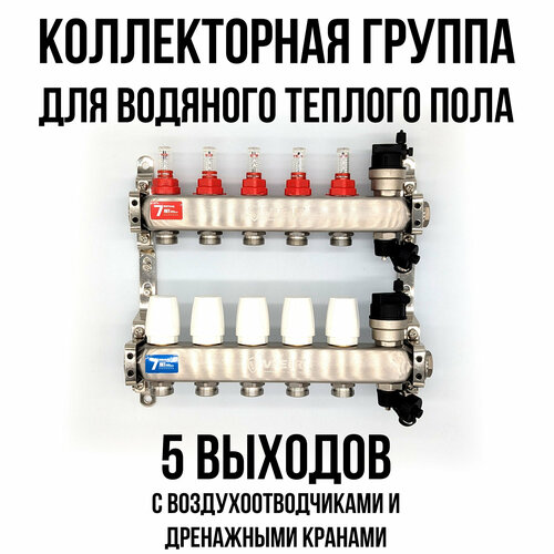 Коллектор для теплого пола на 5 выходов с расходомерами, автоматическими воздухоотводчиками и дренажными кранами VIEIR фото