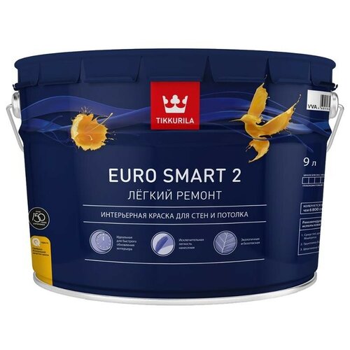 Краска акриловая (АК) Tikkurila интерьерная Euro Smart 2 глубокоматовая h468 9 л фото