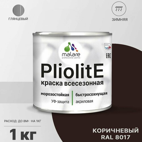 Краска-эмаль Pliolite всесезонная, зимняя, для всех типов поверхностей, антикоррозионная, RAL 8017, коричневый, глянцевая, 1 кг. фото