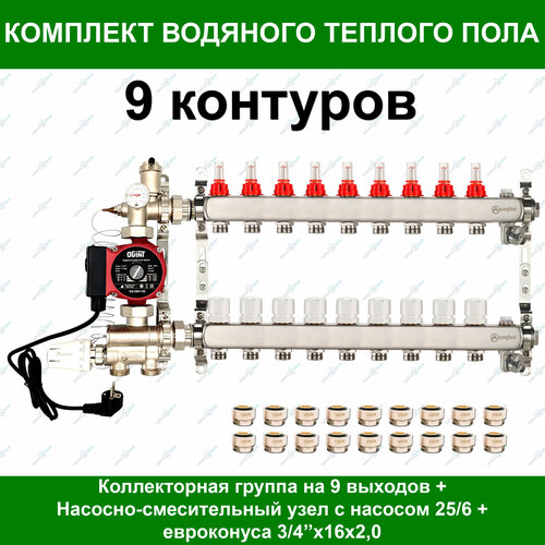 Коллекторная группа для водяного теплого пола + НСУ + насос + евроконуса до 120 м2. (на 9 контуров) Aquasfera фото