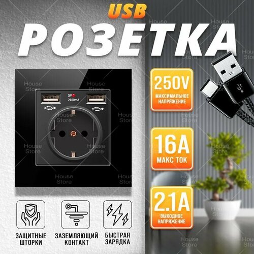 Розетка с USB, с заземлением, с рамкой из закаленного стекла, черная фото