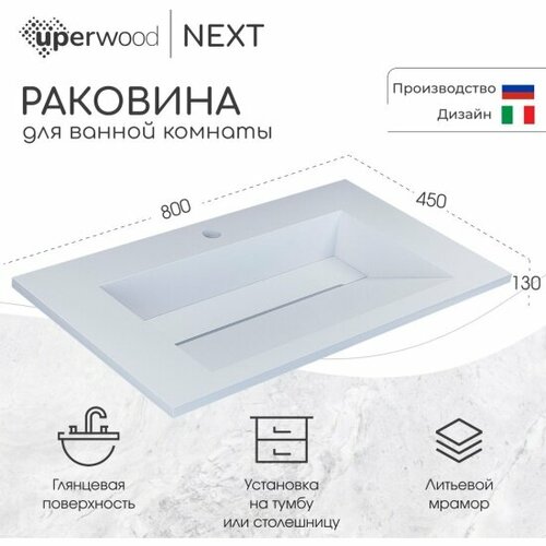 Раковина Uperwood для ванной Next Premium 80х45х13 см, белая глянцевая фото