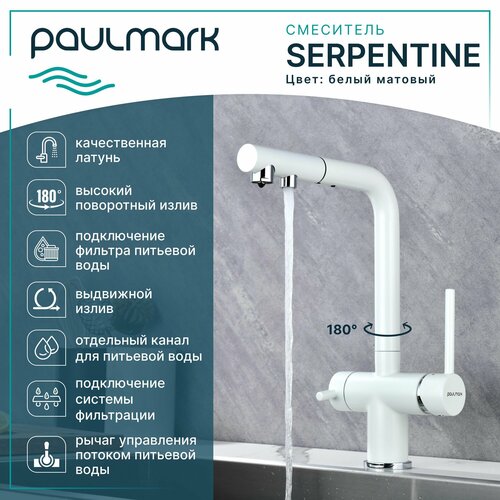 Кухонный смеситель с гибким выдвижным изливом Paulmark SERPENTINE, подключение к системе фильтрации воды по отдельному каналу, Г-образный, латунь, на мойку / столешницу, белый матовый, Se213222-431 фото