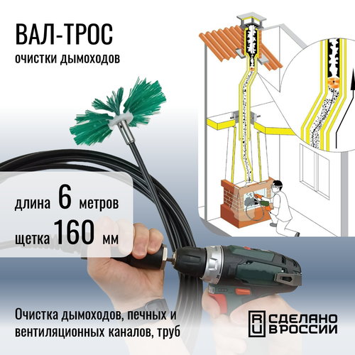 Вал-трос для механической чистки дымоходов и вентиляции. Длина 6 м. + щетка диаметр 160 мм. фото