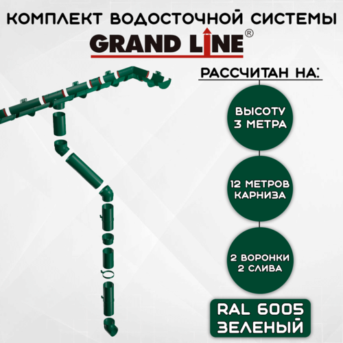 Комплект водосточной системы Grand Line зеленый 12 метров (120мм/90мм) водосток для крыши пластиковый Гранд Лайн коричневый зеленый мох (RAL 6005) фото