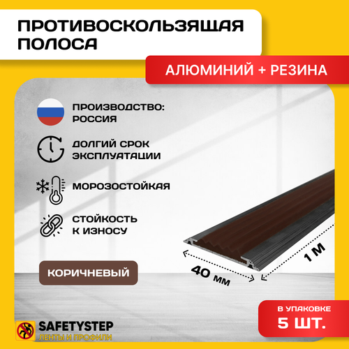 Алюминиевая Полоса-порог Евро 40 мм/5 мм с коричневой резиновой вставкой, длина 1 метр, 5 штук, накладка на порог, порог алюминиевый прямой фото