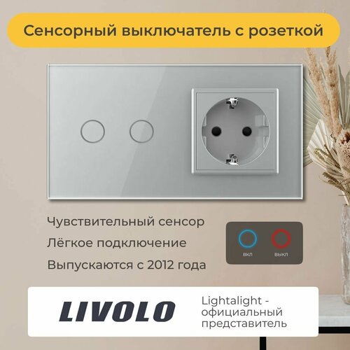 Двухклавишный сенсорный выключатель Livolo с розеткой (VL-C702/C1EU-13) фото