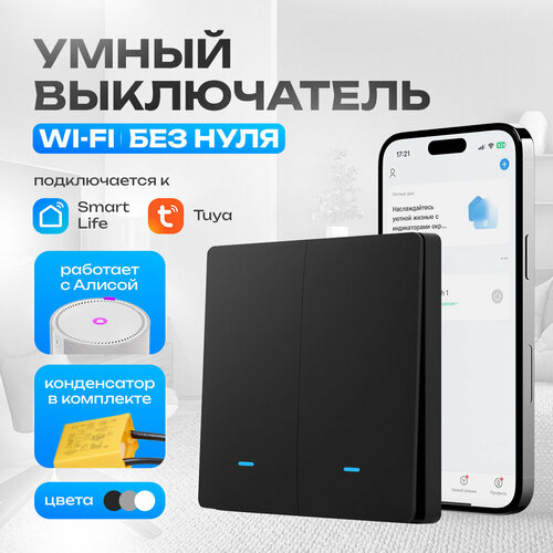 Умный выключатель Easy Tech / кнопочный выключатель, двухклавишный, Wi-Fi, черный с индикатором подсветки фото