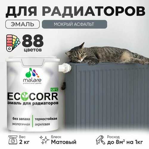 Эмаль Malare EcoCorr для труб и радиаторов отопления, для батарей отопления, быстросохнущая, без запаха, матовая, мокрый асфальт, 2 кг фото