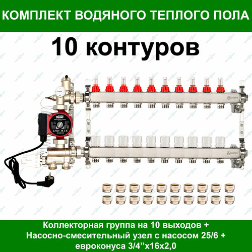 Коллекторная группа для водяного теплого пола + НСУ + насос + евроконуса до 135 м2. (на 10 контуров) Aquasfera фото