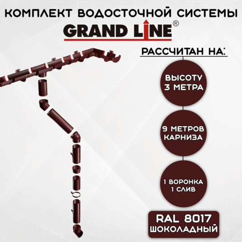 Комплект водосточной системы Grand Line шоколад 9 метров (120мм/90мм) водосток для крыши пластиковый Гранд Лайн коричневый (RAL 8017) фото