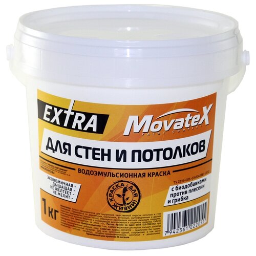 Краска акриловая (АК) Movatex EXTRA для стен и потолков матовая белый 0.16 л 1 кг фото