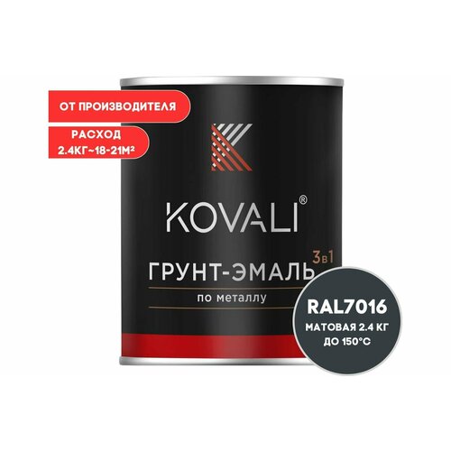 KOVALI Грунт-эмаль 3 в 1 матовая Антрацитово-серая RAL 7016 (2,4кг) kov1.12.2 фото