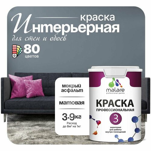 Краска акриловая (АК) Malare Professional №3 для стен и потолков матовая мокрый асфальт 2.7 л 3.9 кг фото