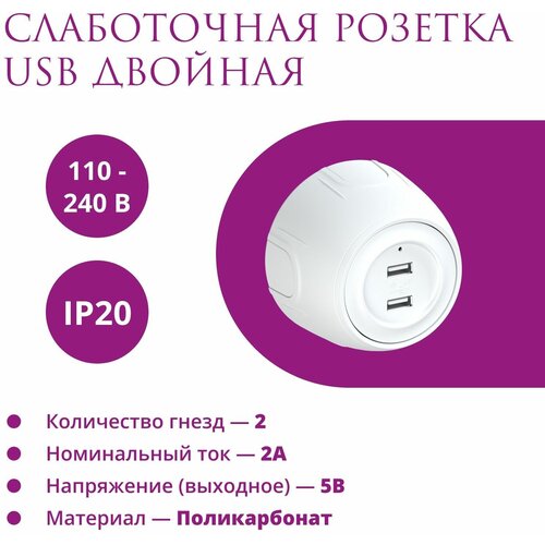 Розетка накладная двойная USB с подсветкой Rotondo (OneKeyElectro), белая фото