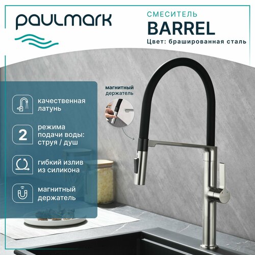 Смеситель для кухни с гибки изливом Paulmark Barrel, цвет брашированная сталь, Ba214029-BS фото