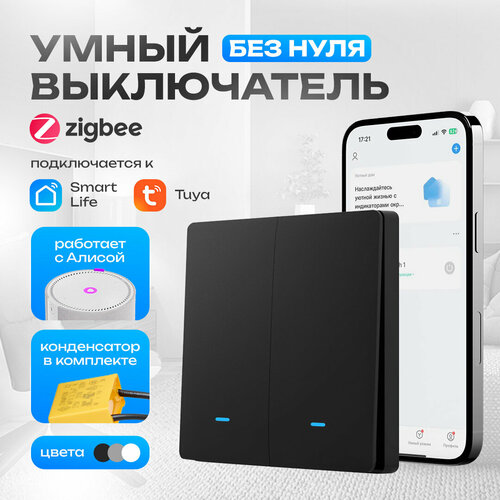 Умный выключатель Zigbee кнопочный двухклавишный переключатель света с индикатором подсветки, черный фото