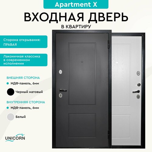 Дверь входная для квартиры Unicorn металлическая Apartment Х 870х2050, открывание вправо, антивандальное покрытие, два контура уплотнителя, черный матовый/белый фото