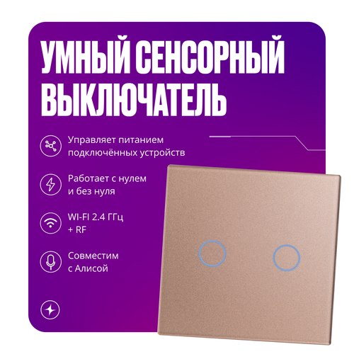 Умный сенсорный выключатель с Алисой WiFi и RF 433 золотой двухклавишный с двойным конденсатором и усиленной антенной фото