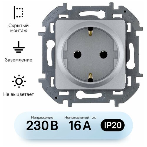 Механизм розетки Legrand Inspiria с заземлением без шторок алюминий фото